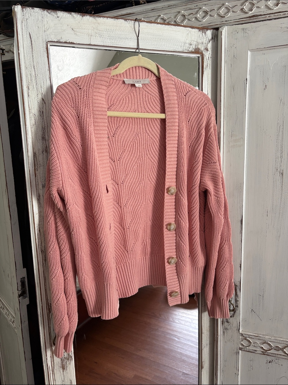 LOFT Dusty Pink Cable-Knit Button Cardigan